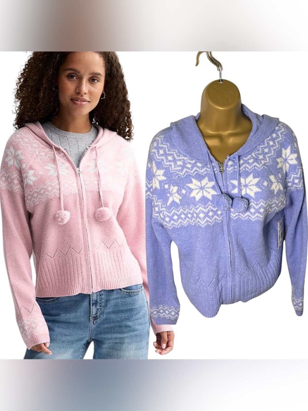 Pink Republic Nordic Fair Isle Zip Hoodie Pom Pom Periwinkle M Juniors